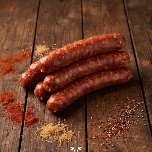 Beef sausage with paprika and spices on a rustic wooden surface – Boucherie Beirut Laval