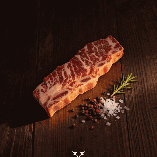 Short ribs korean style thin-cut across the bone on butcher paper at Boucherie Beirut Laval