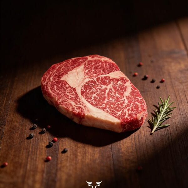 Wagyu ribeye steak 9+ raw with rich marbling on dark wood — halal Fullblood Wagyu at Boucherie Beirut, Laval