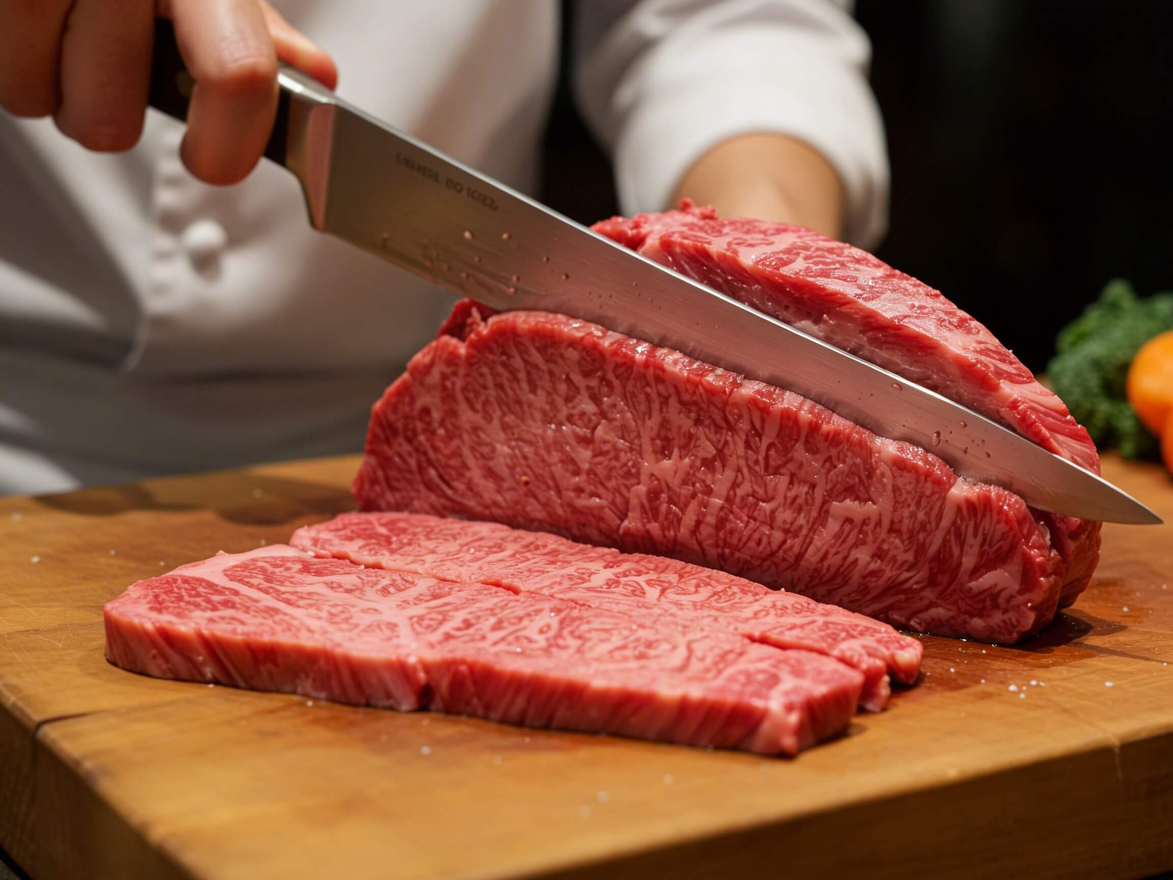 Wagyu beef steak with extreme marbling on cutting board at Boucherie Beirut Laval
