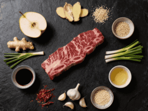 Korean short ribs flanken cut surrounded by galbi marinade ingredients including soy sauce, Asian pear, ginger, garlic and sesame — Boucherie Beirut