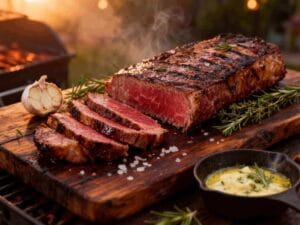 Grilled bavette steak sliced against the grain on a cutting board at Boucherie Beirut Laval