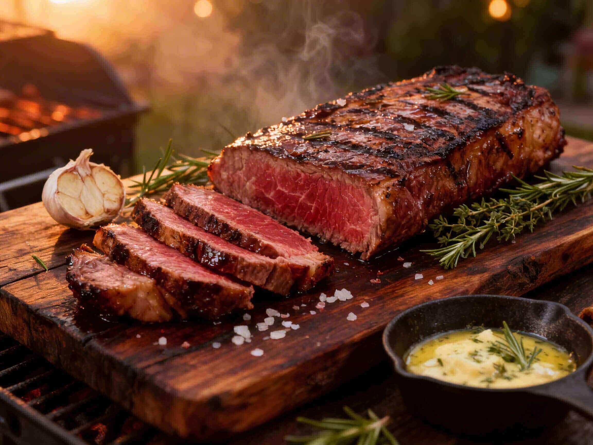 Grilled bavette steak sliced against the grain on a cutting board at Boucherie Beirut Laval