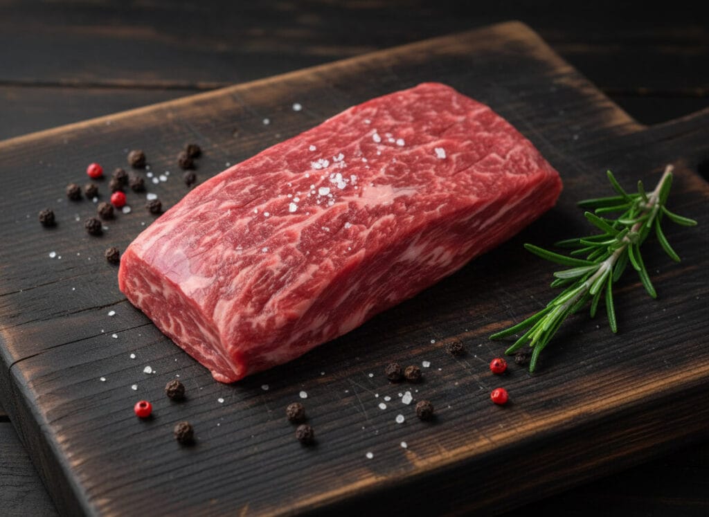 Bavette steak crue sur une planche à découper en bois foncé avec gros sel, grains de poivre et romarin frais Boucherie Beirut Laval