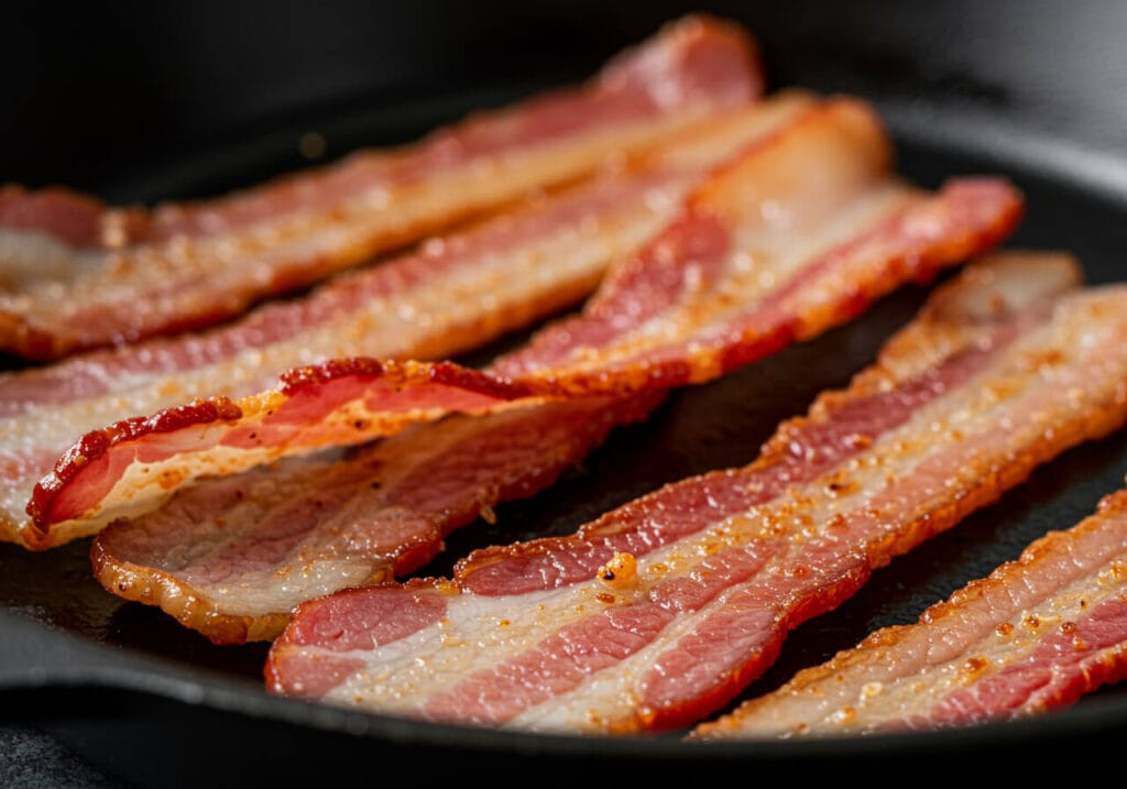 Lanières de bacon de bœuf croustillant grésillant dans une poêle en fonte — Boucherie Beirut