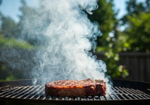 Meilleurs steaks pour le BBQ saisis sur un gril au charbon avec fumée montante par une journée d'été