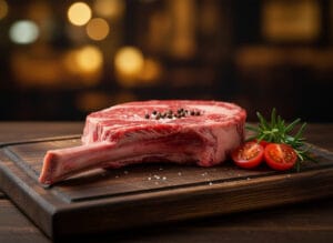 Raw cowboy steak on a wooden board with rosemary, cherry tomatoes and peppercorns — Boucherie Beirut