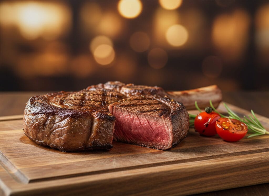 Cowboy steak cooked medium-rare and sliced on a wooden board with cherry tomatoes and rosemary — Boucherie Beirut