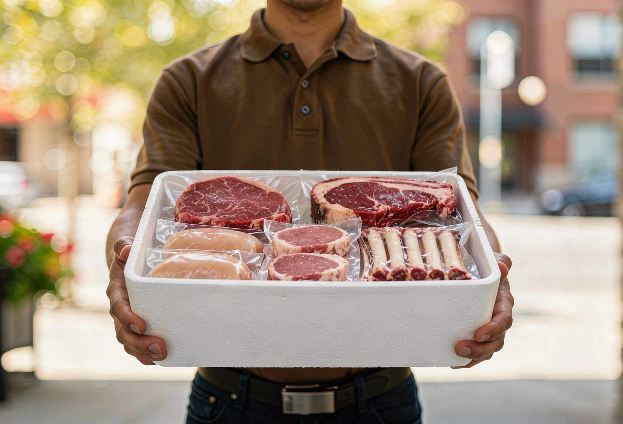 Livraison de steak à Montréal — livreur tenant une boîte isotherme de steaks frais sous vide