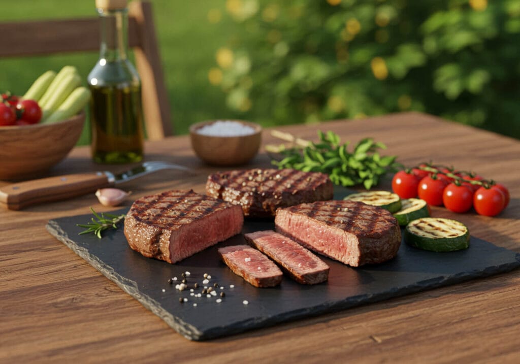 Meilleurs steaks pour la saison BBQ tranchés mi-saignant sur une ardoise avec courgettes grillées et tomates sur une table extérieure