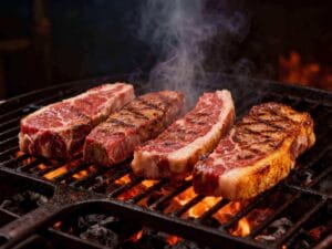 Picanha steak searing fat-side down on a hot grill with golden crust forming