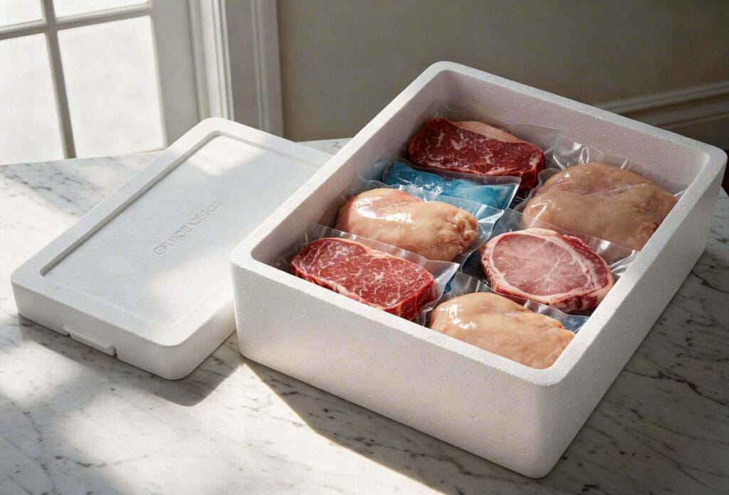 Livraison de steak à Montréal — boîte isotherme ouverte avec steaks frais sous vide et sachets de glace sur comptoir en marbre