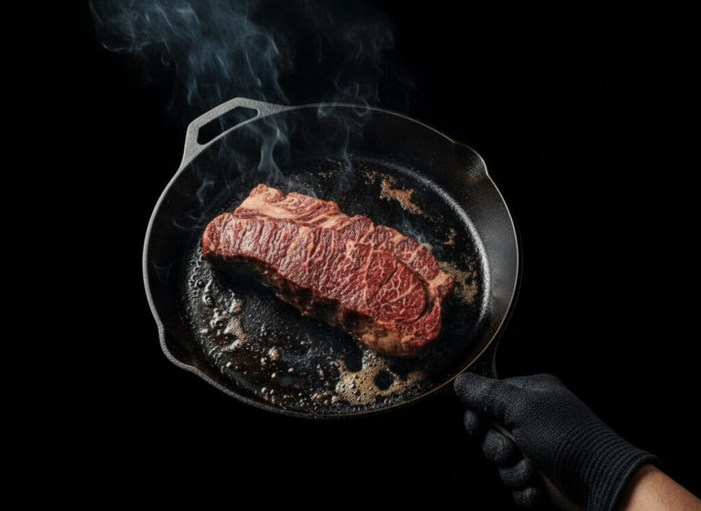 Denver steak searing in a cast iron skillet with smoke rising – Boucherie Beirut Laval