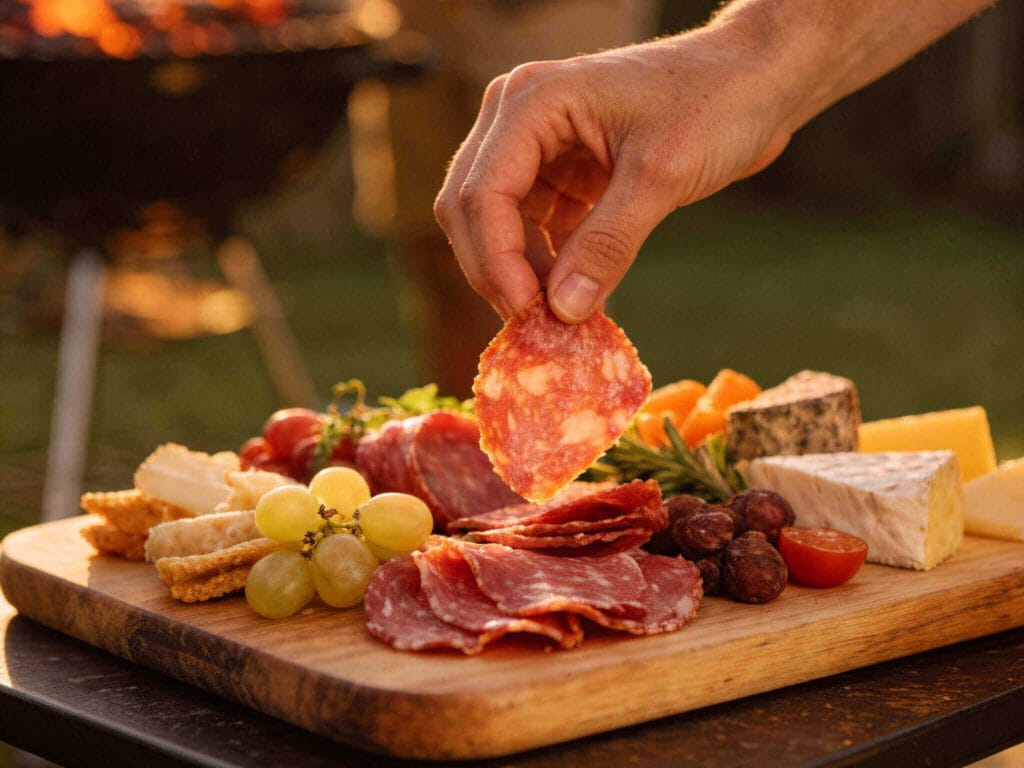 Hand picking from a halal charcuterie board for BBQ with a charcoal grill in the background – Boucherie Beirut Laval