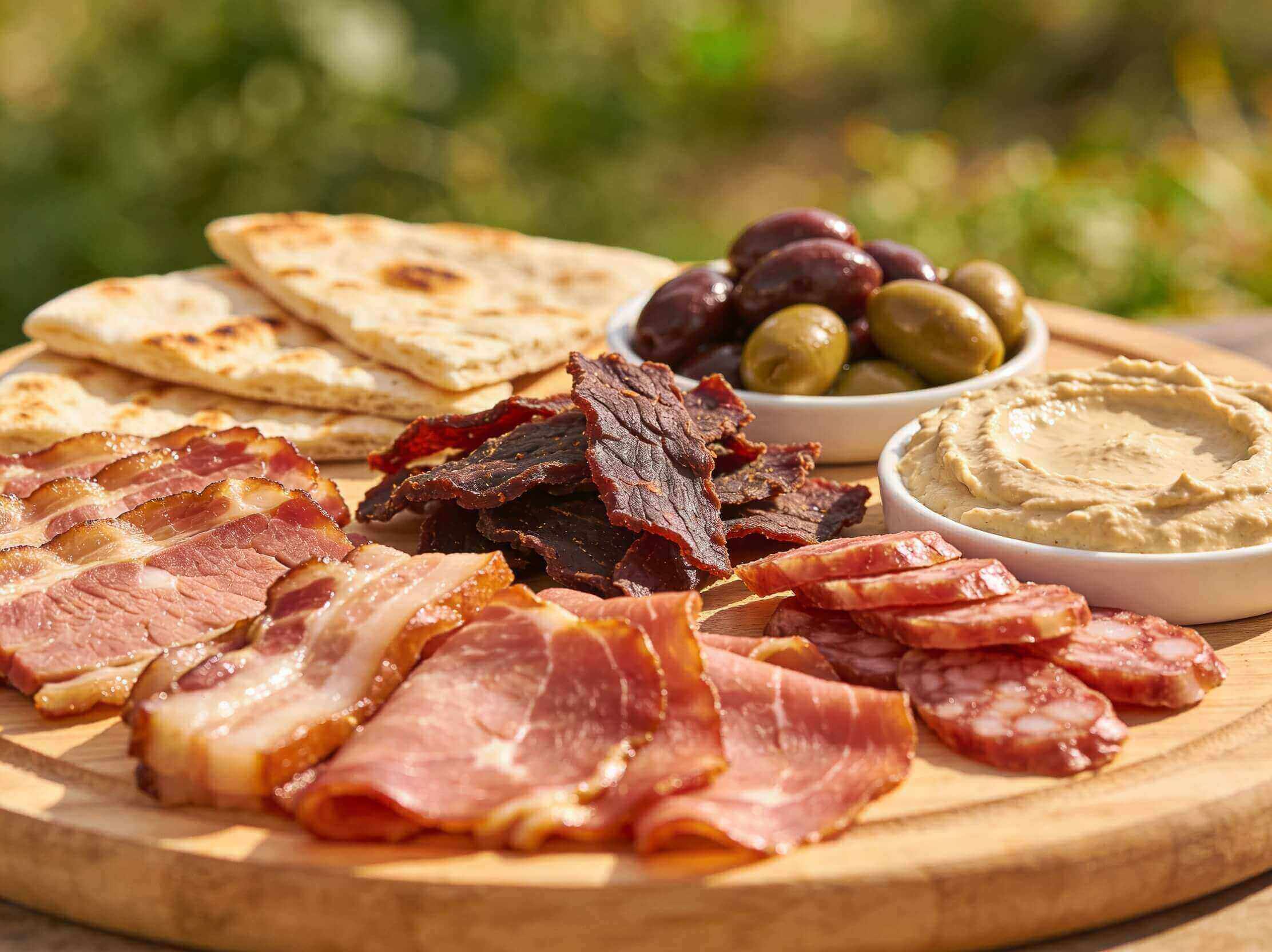 Halal charcuterie board for BBQ with beef bacon, smoked meat, dried beef, flatbread, olives and hummus outdoors – Boucherie Beirut Laval