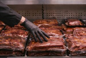 Halal smoked meat Montreal vacuum-sealed packages in a refrigerated display at Boucherie Beirut Laval