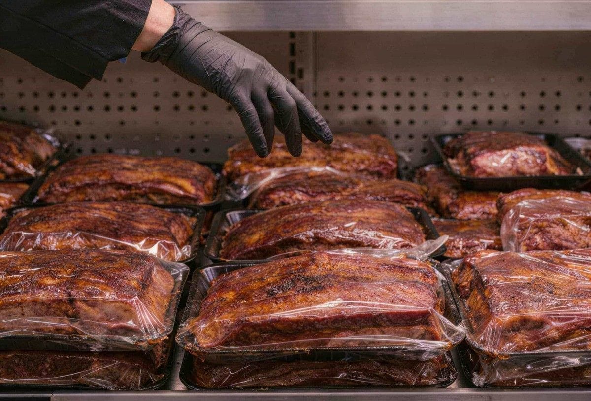 alal smoked meat Montreal vacuum-sealed packages in a refrigerated display at Boucherie Beirut Laval