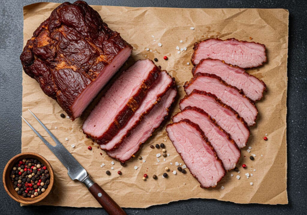 Halal smoked meat Montreal sliced brisket on brown butcher paper with peppercorns – Boucherie Beirut Laval