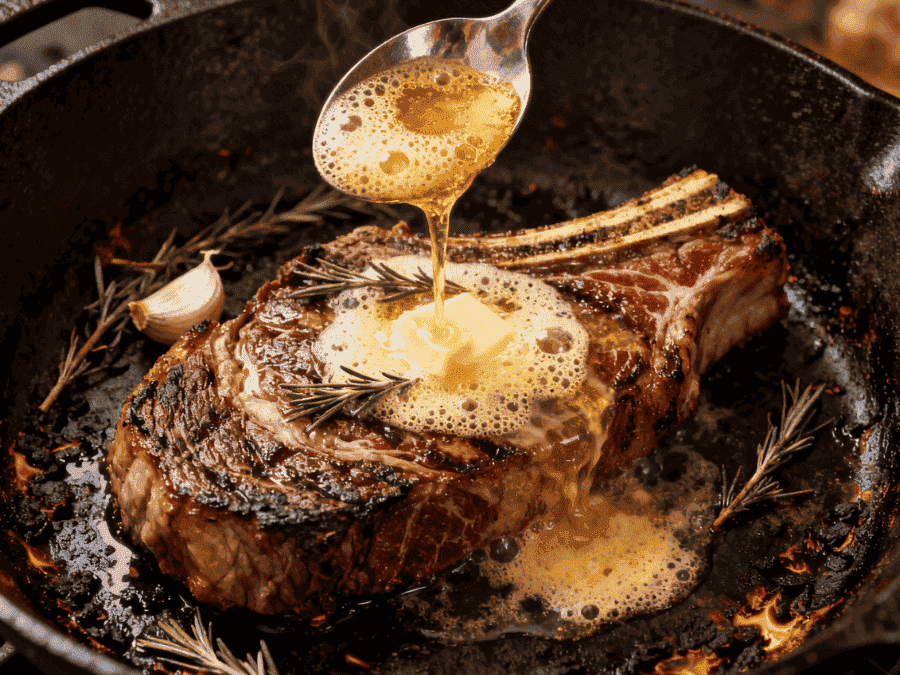 Ribeye steak being butter basted in a cast iron pan with foaming butter garlic and thyme vs strip steak