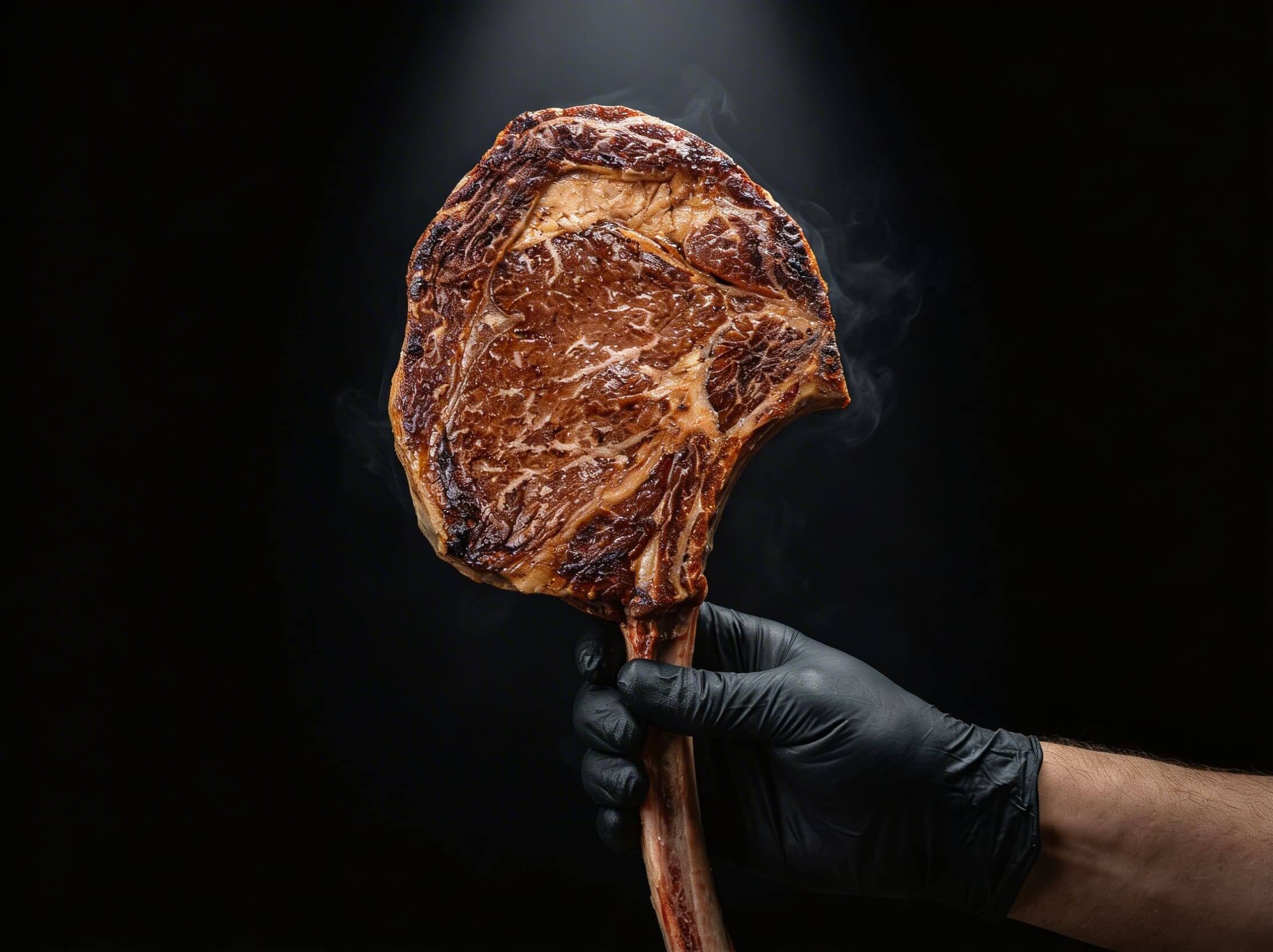 tomahawk-steak-seared-boucherie-beirut | Boucherie Beirut Perfectly cooked tomahawk steak held by a black-gloved hand against a dark background – Boucherie Beirut Laval