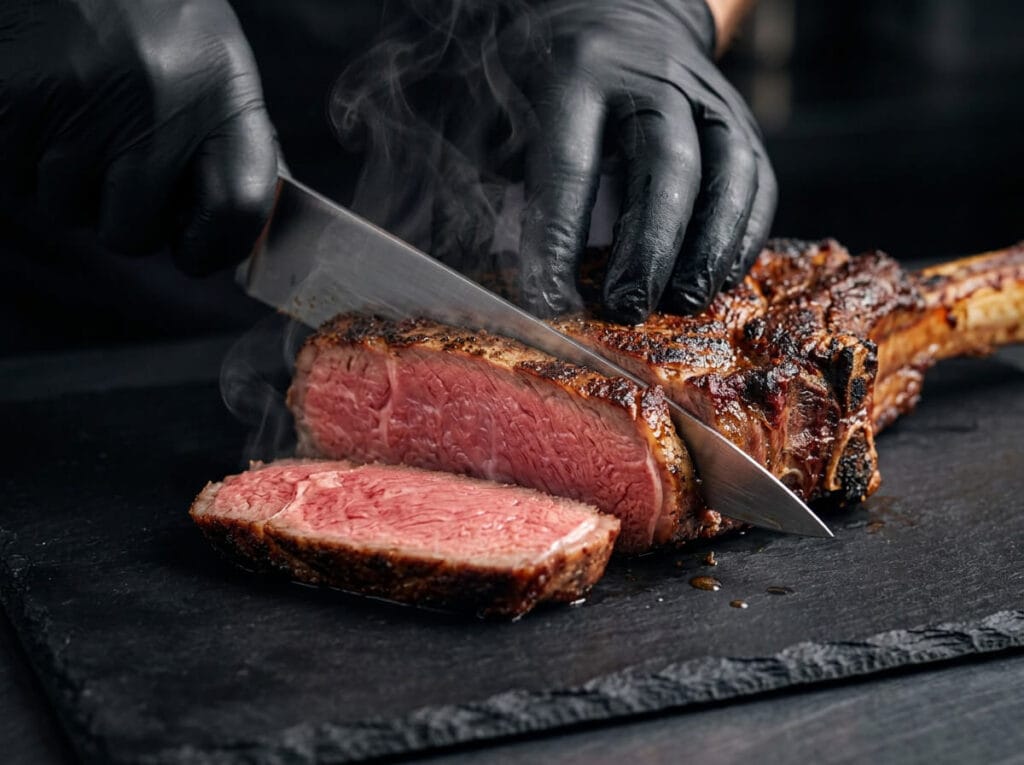 tomahawk-steak-sliced-medium-rare-boucherie-beirut | Boucherie Beirut Black-gloved hands slicing a cooked tomahawk steak revealing a perfect medium-rare center – Boucherie Beirut Laval