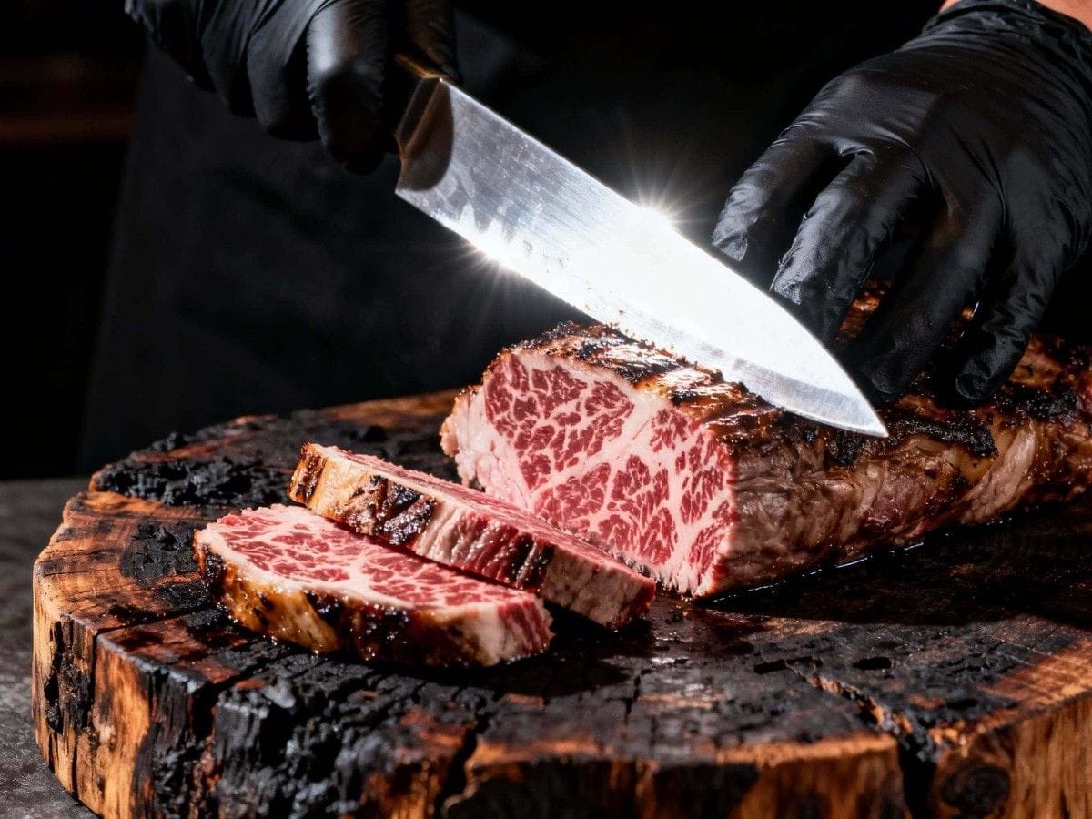 Black-gloved hands slicing a grilled Wagyu steak on a charred wood board revealing perfect medium-rare marbling – Boucherie Beirut Laval