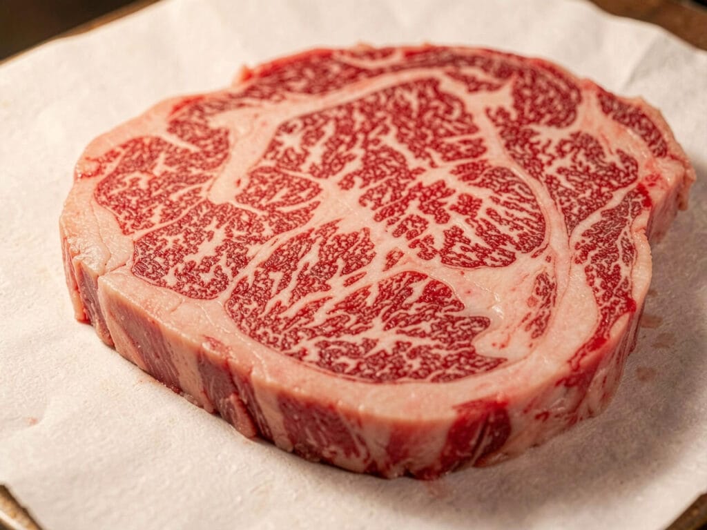 wagyu-halal-persillage-gros-plan-fullblood-boucherie-beirut Coupe transversale de ribeye Wagyu Halal Fullblood 9+ montrant un persillage BMS 9+ extraordinaire sur papier boucher blanc – Boucherie Beirut Laval