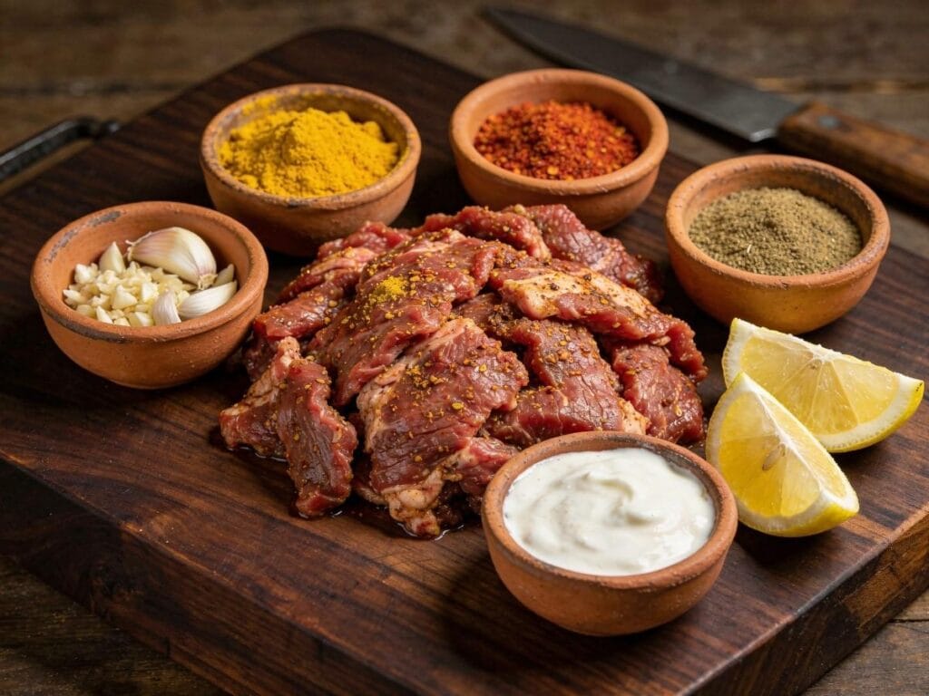 beef-shawarma-ingredients-spices-boucherie-beirut | Boucherie Beirut Beef shawarma marinade ingredients on a butcher block including spices garlic lemon and yogurt – Boucherie Beirut Laval