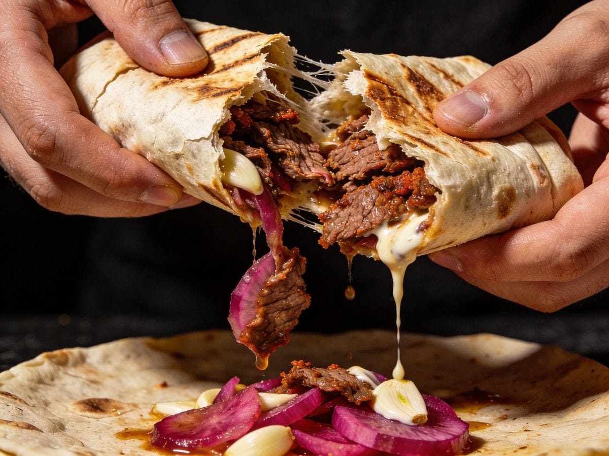 beef-shawarma-wrap-pulled-apart-boucherie-beirut | Boucherie Beirut Beef shawarma wrap pulled apart revealing spiced grilled beef garlic sauce and pickled onions – Boucherie Beirut Laval