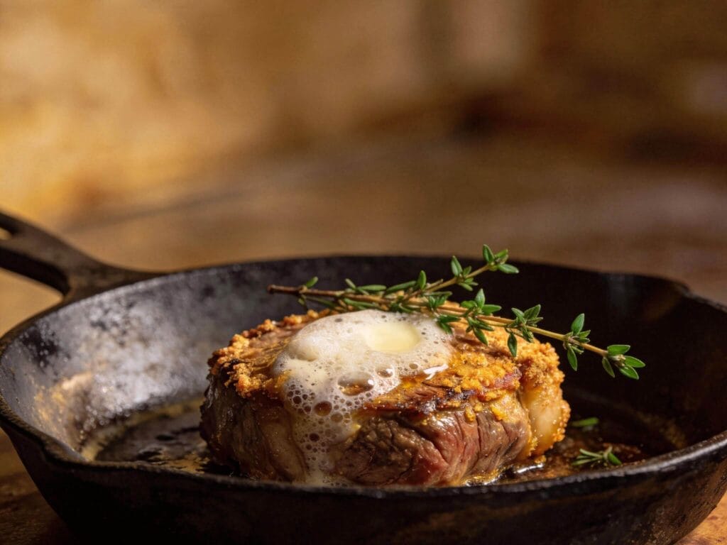 Filet mignon saisi dans une poêle en fonte avec beurre mousseux et thym frais – Boucherie Beirut Laval