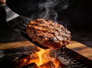 Halal burger patty lifted on a spatula over charcoal flames on a BBQ grill – Boucherie Beirut Laval