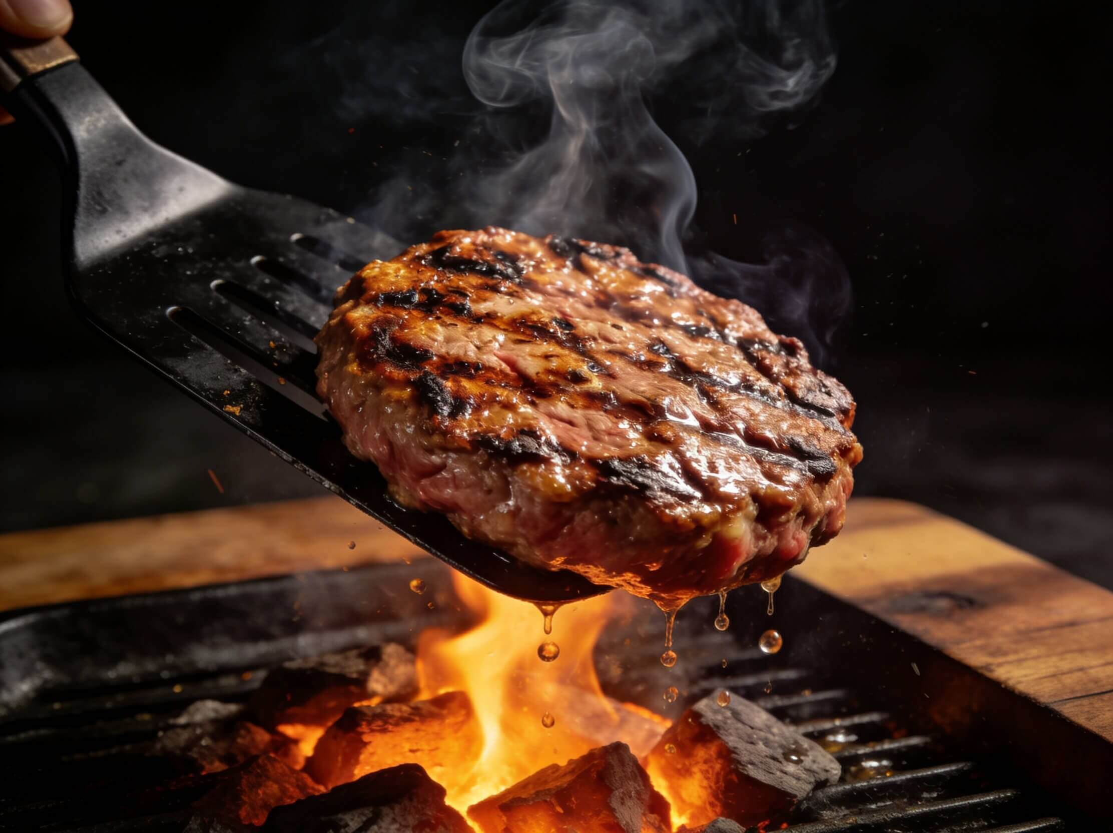 Halal burger patty lifted on a spatula over charcoal flames on a BBQ grill – Boucherie Beirut Laval