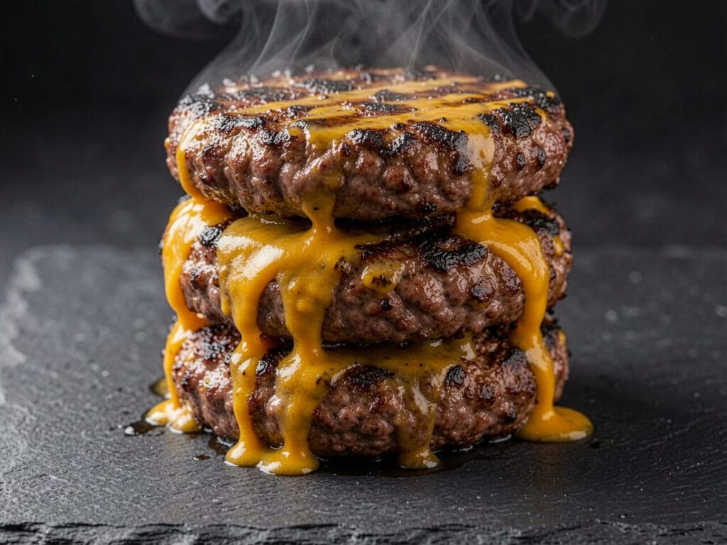 Halal burgers stacked with melted cheese dripping on a dark slate surface – Boucherie Beirut Laval