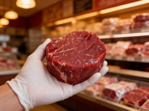 Viande halal Montréal coupe de bœuf premium fraîche tenue par une main gantée de blanc en boucherie – Boucherie Beirut Laval