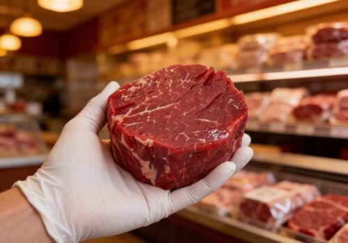 Viande halal Montréal coupe de bœuf premium fraîche tenue par une main gantée de blanc en boucherie – Boucherie Beirut Laval