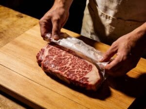 Boucher déballant un ribeye Wagyu Fullblood 9+ révélant un persillage extraordinaire sur un comptoir en bois – Boucherie Beirut Laval