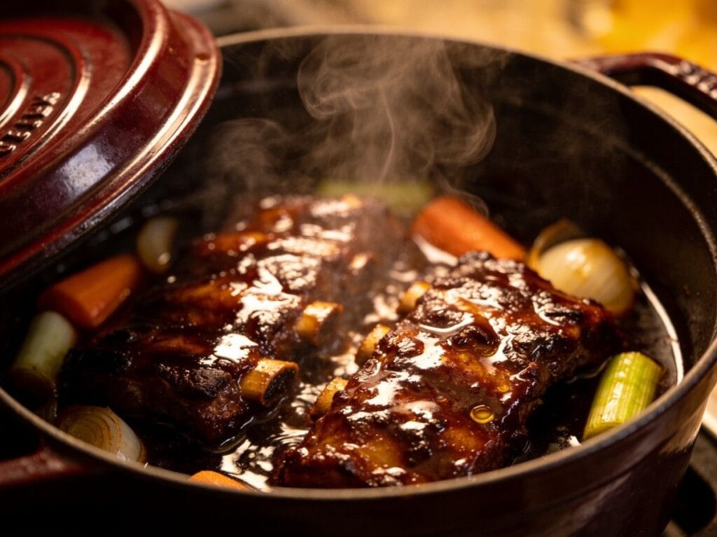 Côtes courtes tendres braisées au faitout avec sauce riche et foncée