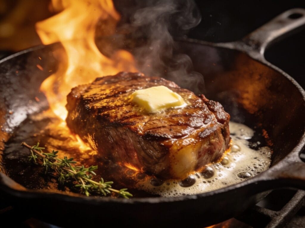 Steak soirée en amoureux saisi dans une poêle en fonte avec beurre aux herbes et thym – Boucherie Beirut Laval