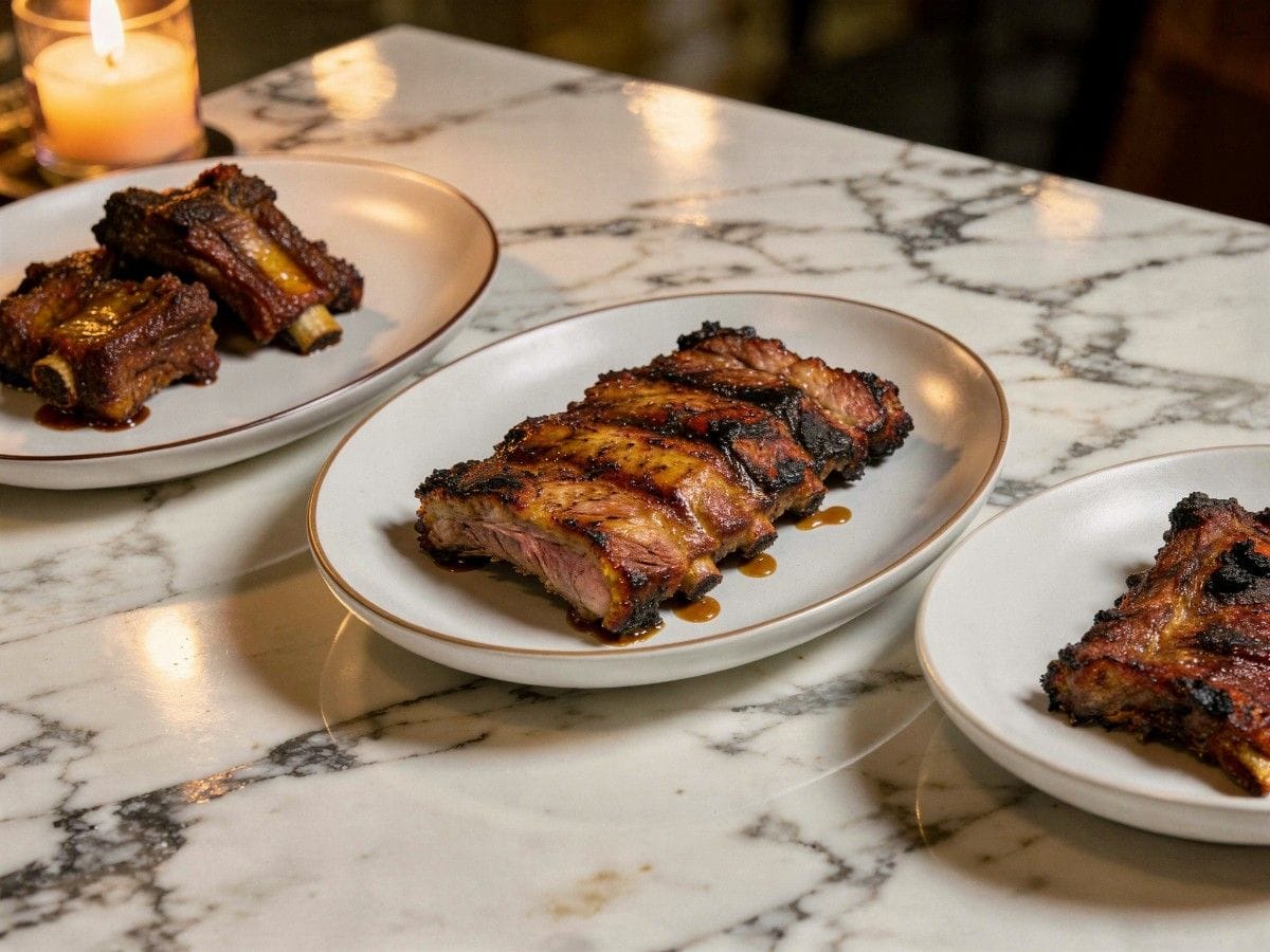 Côtes courtes préparées de trois façons braisées grillées et fumées sur une table de marbre