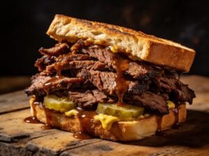 Smoked brisket sandwich piled high on toasted bread with pickles and mustard on a rustic wooden surface – Boucherie Beirut Laval