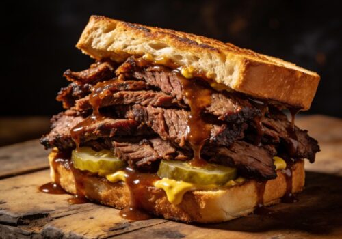 Sandwich de brisket fumé empilé sur pain grillé avec cornichons et moutarde sur une surface en bois rustique – Boucherie Beirut Laval
