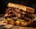 Smoked brisket sandwich piled high on toasted bread with pickles and mustard on a rustic wooden surface – Boucherie Beirut Laval