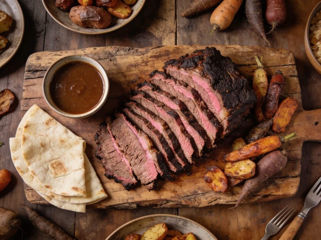 Smoked Brisket Sliced Platter with Flatbread and Roasted Vegetables Boucherie Beirut | Boucherie Beirut Smoked brisket sliced on a rustic wooden board with braising jus flatbread and roasted root vegetables – Boucherie Beirut Laval