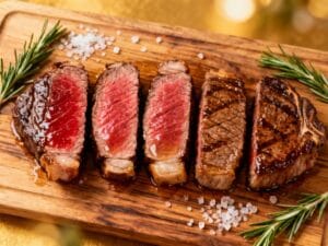 Steak doneness guide showing five levels from rare to well done side by side