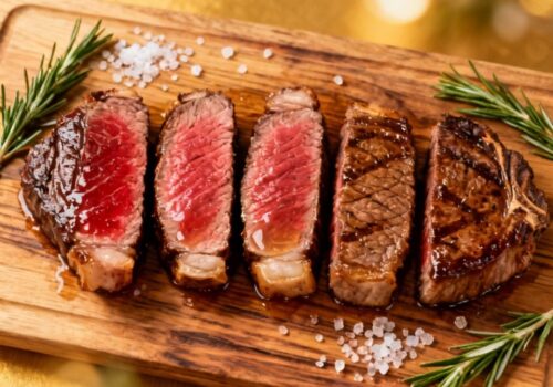 Guide de cuisson du steak montrant cinq niveaux du saignant au bien cuit côte à côte