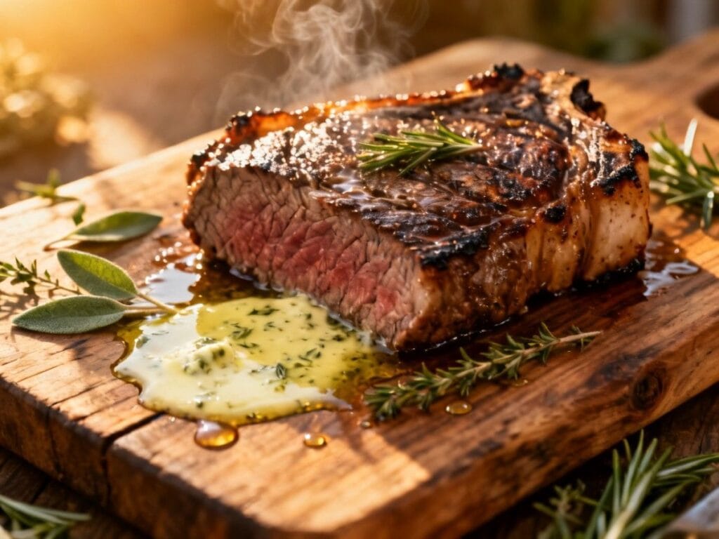Steak Resting on a Cutting Board Boucherie Beirut | Boucherie Beirut Seared steak resting on a cutting board with juices settling