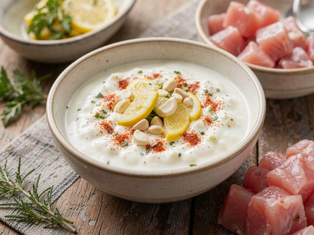 shish-taouk-marinade-yogurt-spices | Boucherie Beirut Shish taouk marinade with yogurt garlic lemon and paprika beside raw chicken cubes on a wooden surface