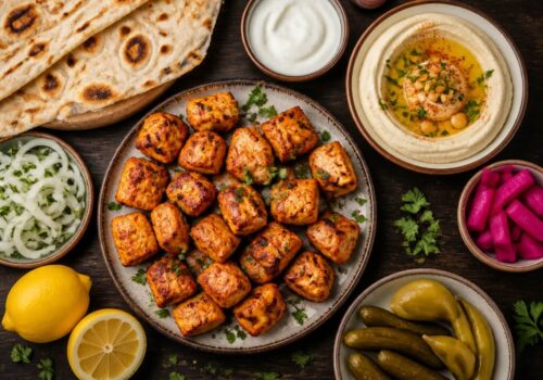 Plateau shish taouk avec sauce à l'ail houmous pain plat cornichons et citron – Boucherie Beirut Laval