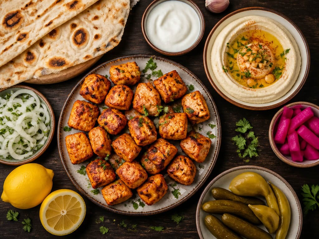shish-taouk-platter-garlic-sauce-boucherie-beirut | Boucherie Beirut Shish taouk platter with garlic sauce hummus flatbread pickles and lemon – Boucherie Beirut Laval