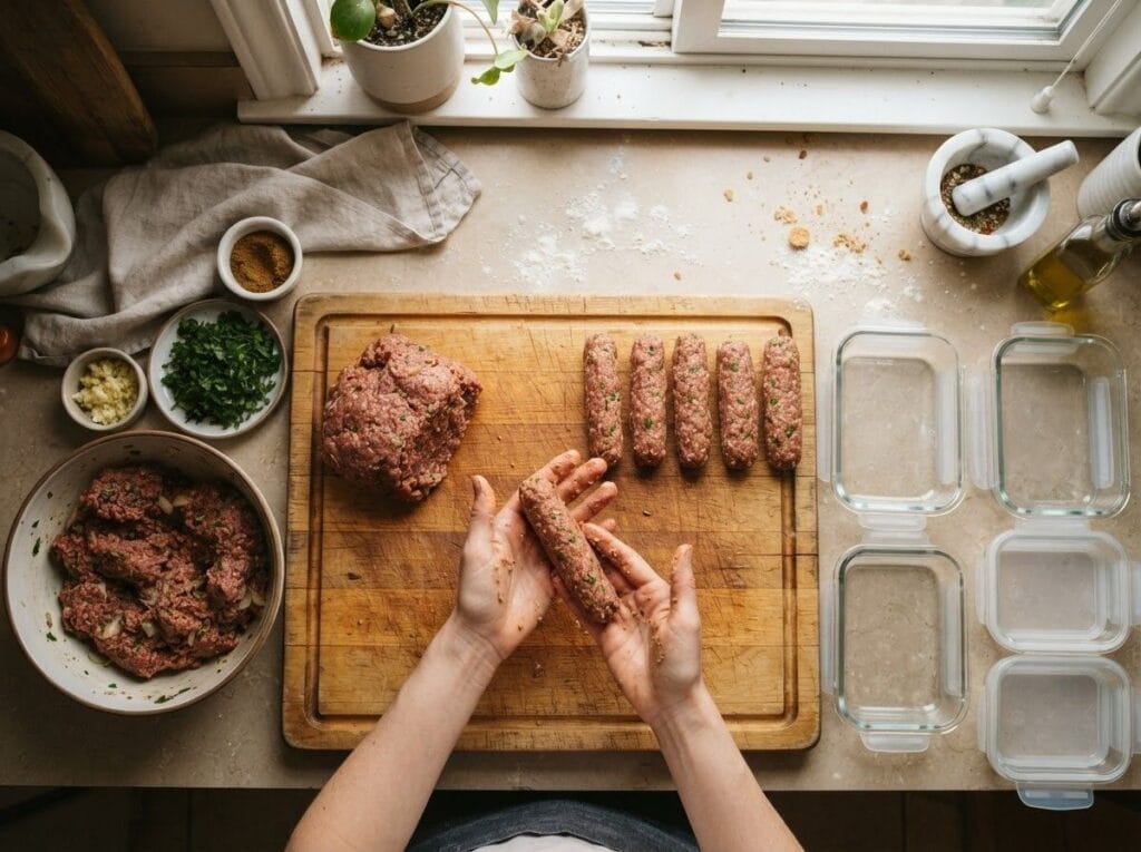 Halal-Beef-Sunday-Meal-Prep--Kafta-Shaping | Boucherie Beirut Hands shaping halal beef kafta skewers on a cutting board with glass containers ready for weekly meal prep – Boucherie Beirut Laval